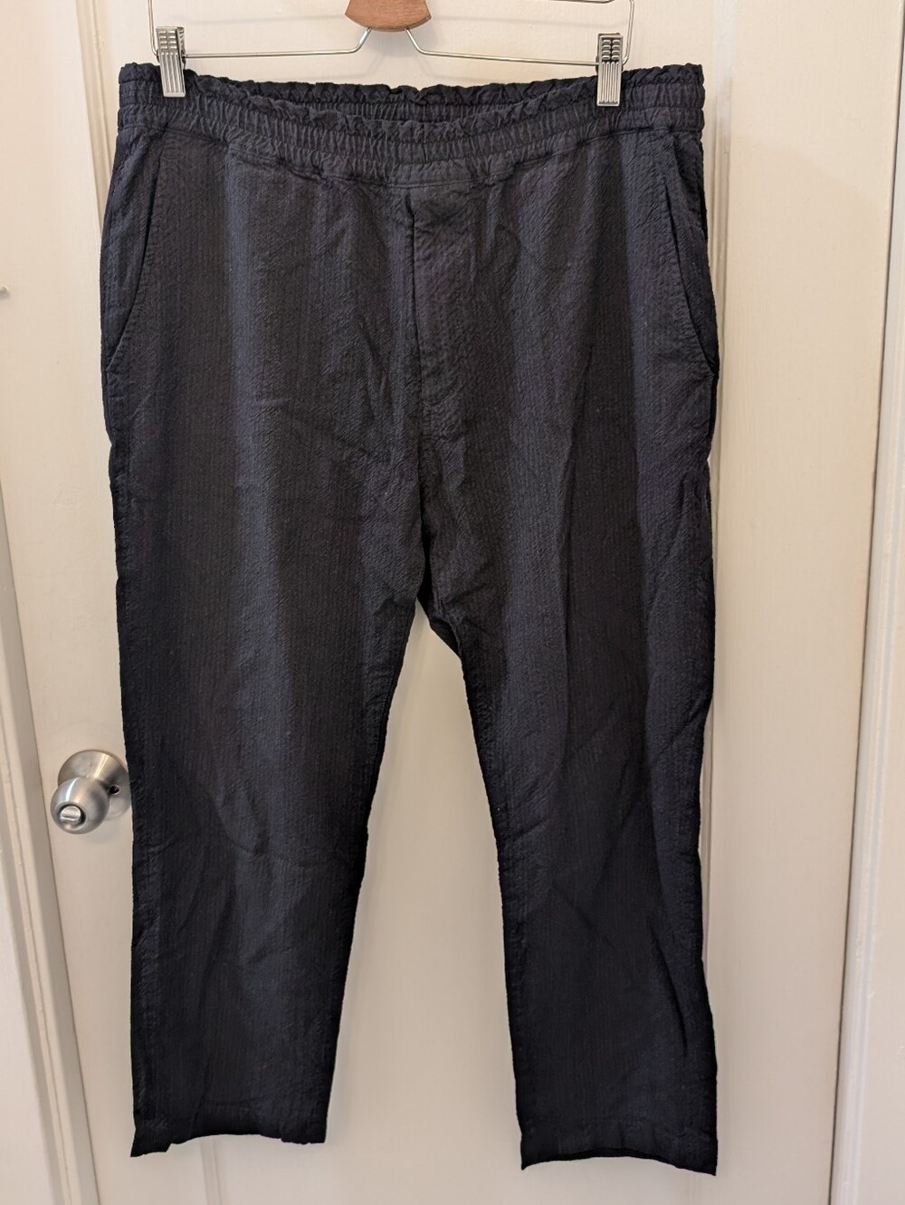 sage de cret Wool Easy Pants Black Seersucker Peg Top Elastic waist Men XL Japan